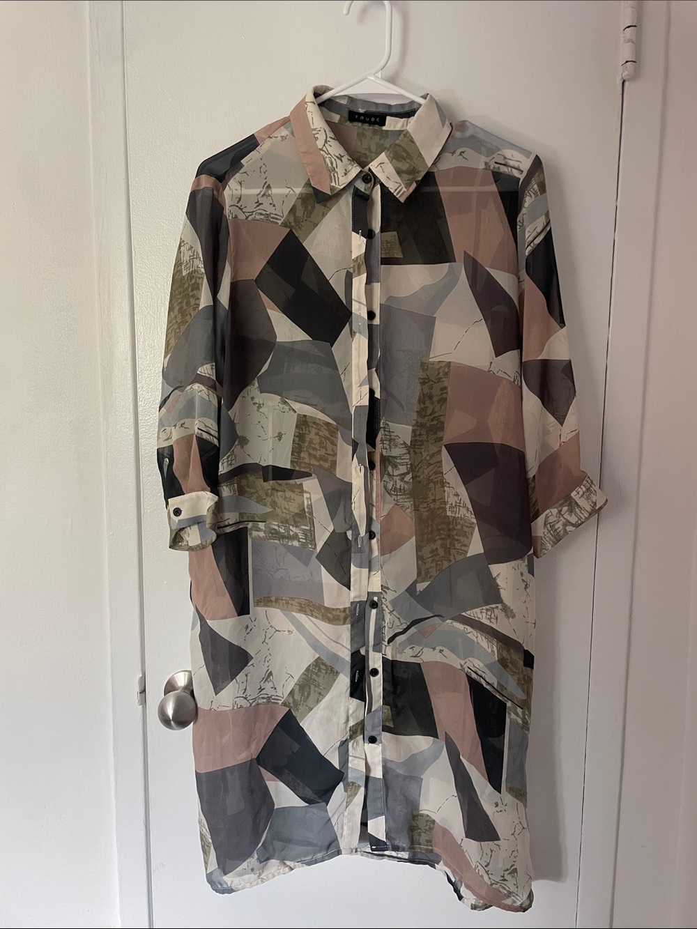 Abstract Print Button-Up Tunic Dress in Neutral Tones